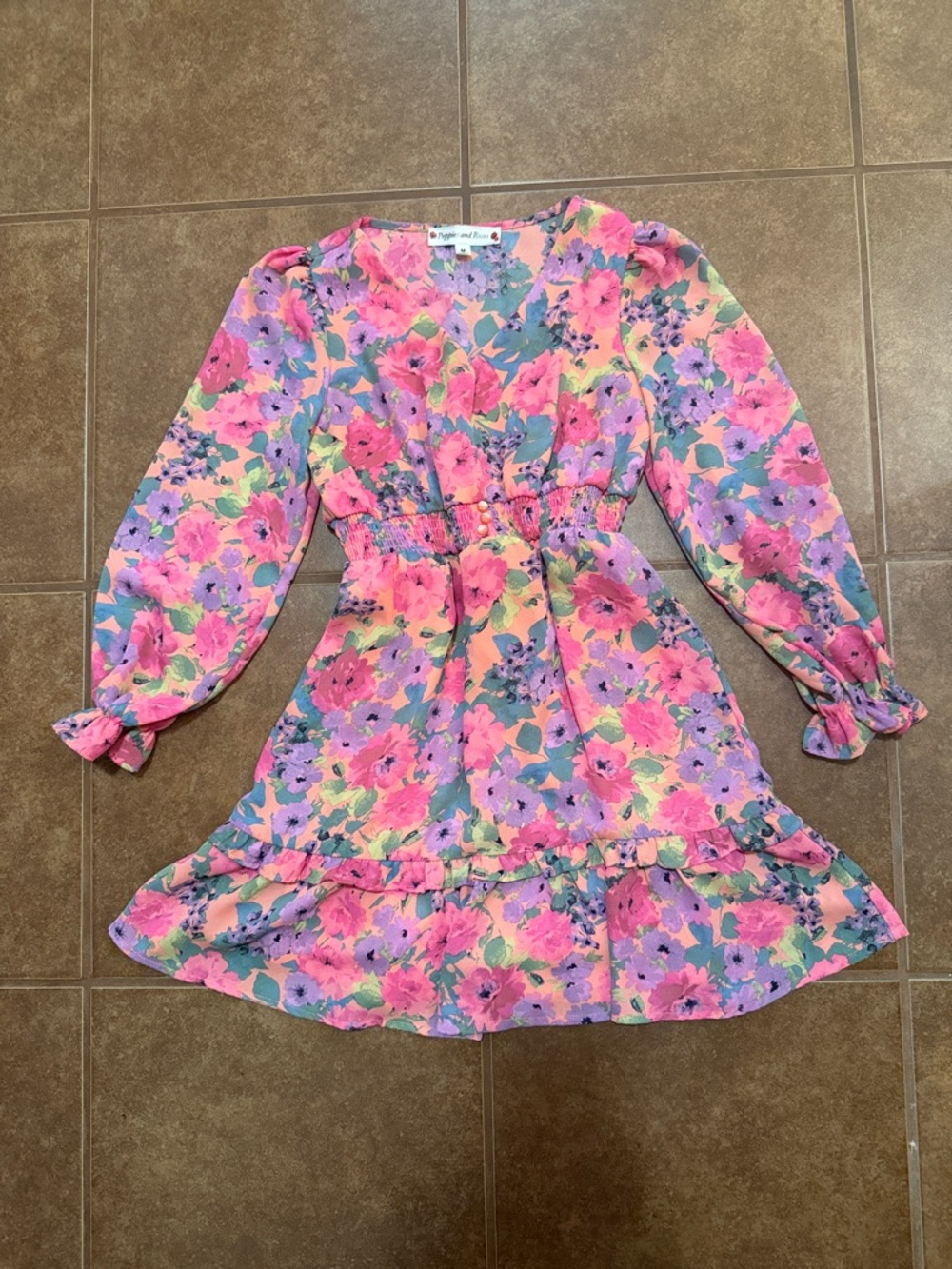 Girls Floral Ruffle Waist Dress in Pink and Purple